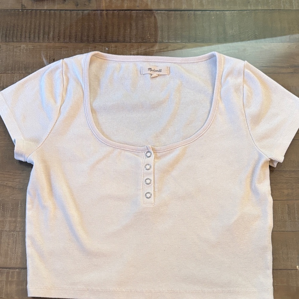 Madewell Cream Ribbed Scoop Neck Crop Top with Snap Detail - Picture 7 of 10